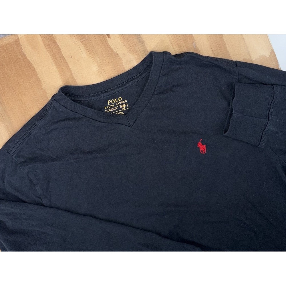 Polo‎ Ralph Lauren Youth Large 14-16 Black V Neck Long Sleeve T-Shirt Pony